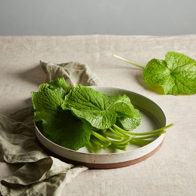 고추냉이잎 겉절이을 위한 재료 이미지로 고추냉이잎,쪽파 등으로 구성 되어있습니다.