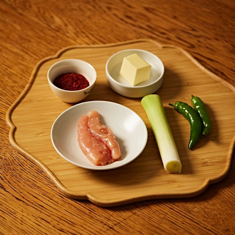 버터명란찜을 위한 재료 이미지로 명란,버터,대파,청양고추 등으로 구성 되어있습니다.