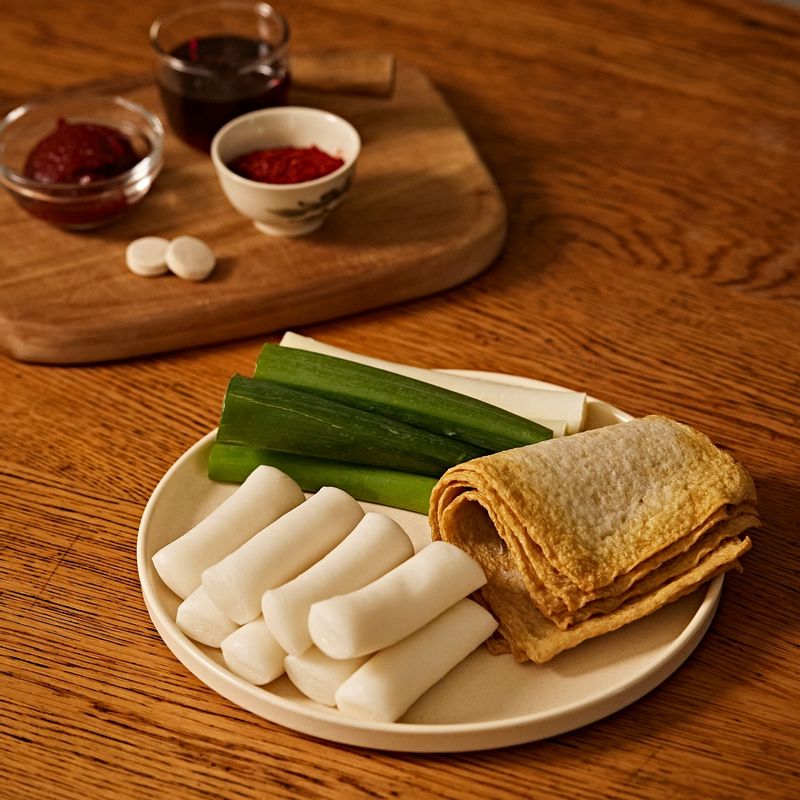 가래떡 떡볶이을 위한 재료 이미지로 멸치 코인 육수,쌀 가래떡,사각 어묵,대파,물 등으로 구성 되어있습니다.