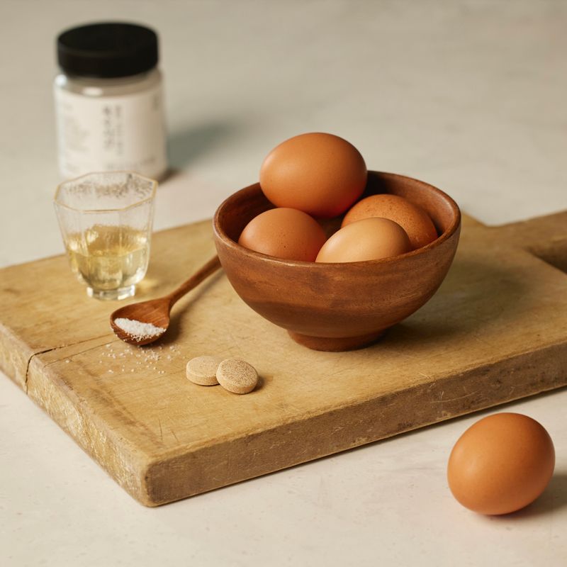 간단 달걀말이을 위한 재료 이미지로 달걀,멸치 코인 육수,물,맛술,소금 등으로 구성 되어있습니다.