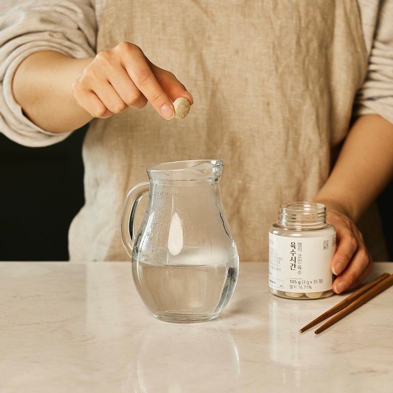 따뜻한 물에 코인 육수 한 알을 넣어 녹인 후 만들어둔 달갈물에 조금씩 부어가며 섞어주세요.