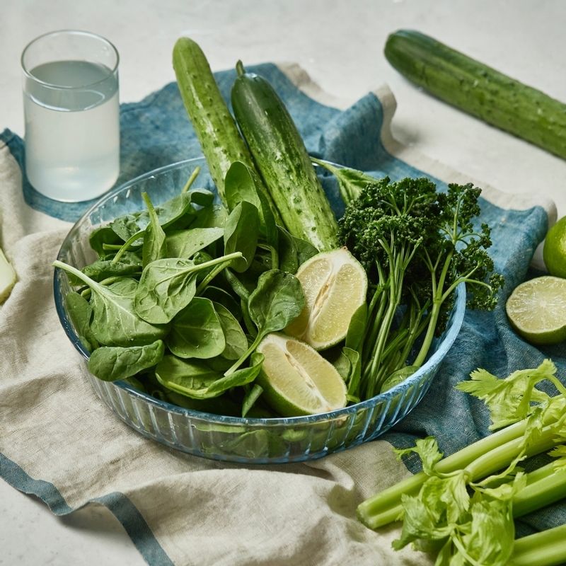그린주스을 위한 재료 이미지로 샐러리,오이,파슬리,시금치 어린잎,라임 등으로 구성 되어있습니다.