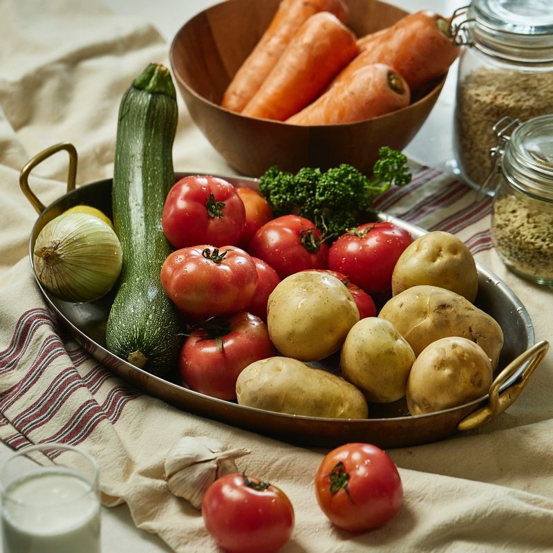 베지케이크을 위한 재료 이미지로 패스츄리 생지,자투리 채소(주키니, 당근, 감자, 양파),토마토 (생략 가능),소금,올리브오일 등으로 구성 되어있습니다.