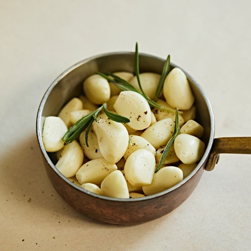 통마늘은 깨끗이 씻어 꼭지를 따고 오븐용기에 담아주세요. 후추를 뿌리고 로즈마리잎을 얹어주세요.