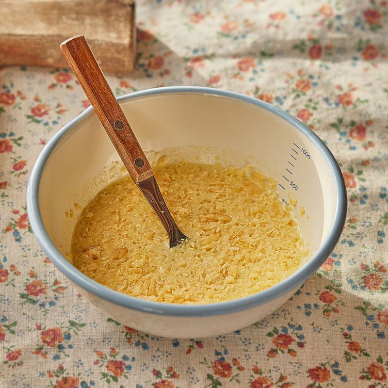 볼에 생크림과 달걀을 넣고 섞은 후 고다치즈를 갈아 넣고 섞어주세요.