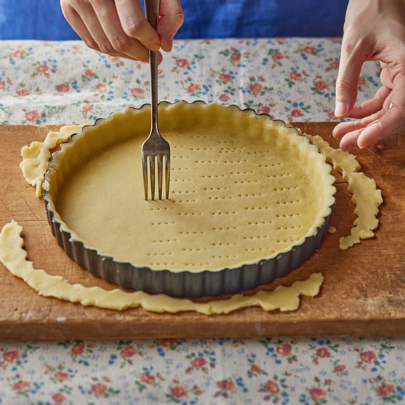 얇게 편 반죽을 타르트 틀 모양에 맞게 넣어준 후 바닥을 포크로 찔러 구멍을 내주세요.