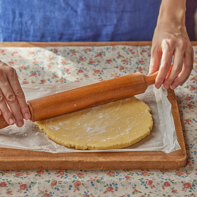 휴지시킨 반죽은 덧 밀가루를 뿌려가며 두께가 2mm 정도 되도록 밀대로 밀어주세요.