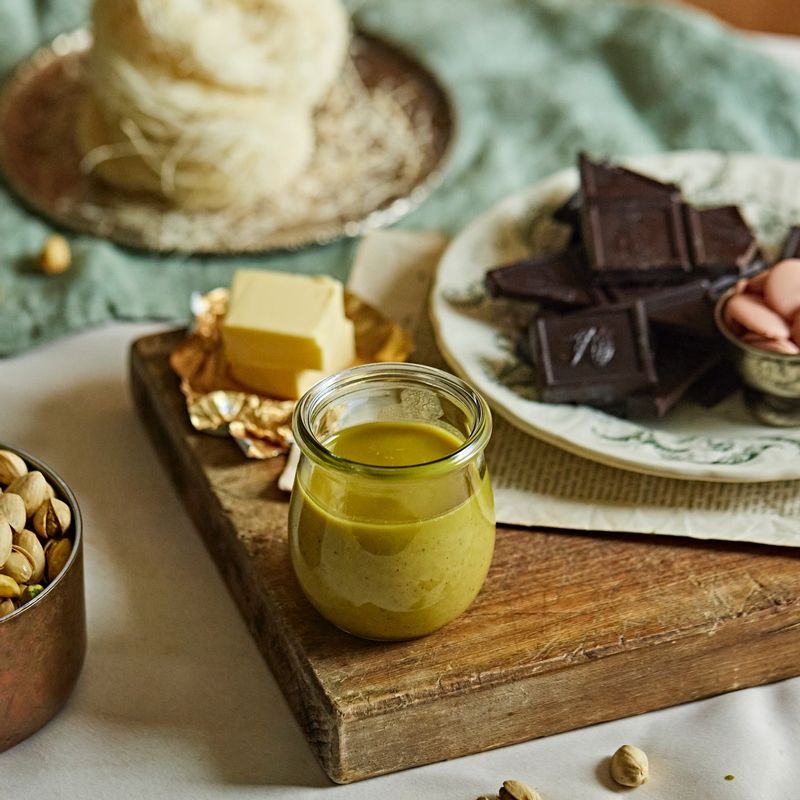 두바이 초콜릿을 위한 재료 이미지로 다크 초콜릿,코팅초콜릿(핑크),무염버터,카다이프면,피스타치오 스프레드 등으로 구성 되어있습니다.