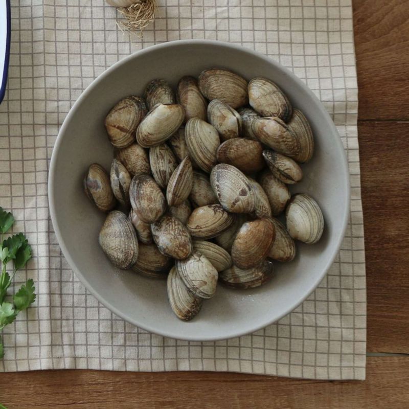 바지락은 흐르는 물에 비벼 깨끗이 씻은 후 약간의 소금을 넣은 물에 담가 해감해주세요.