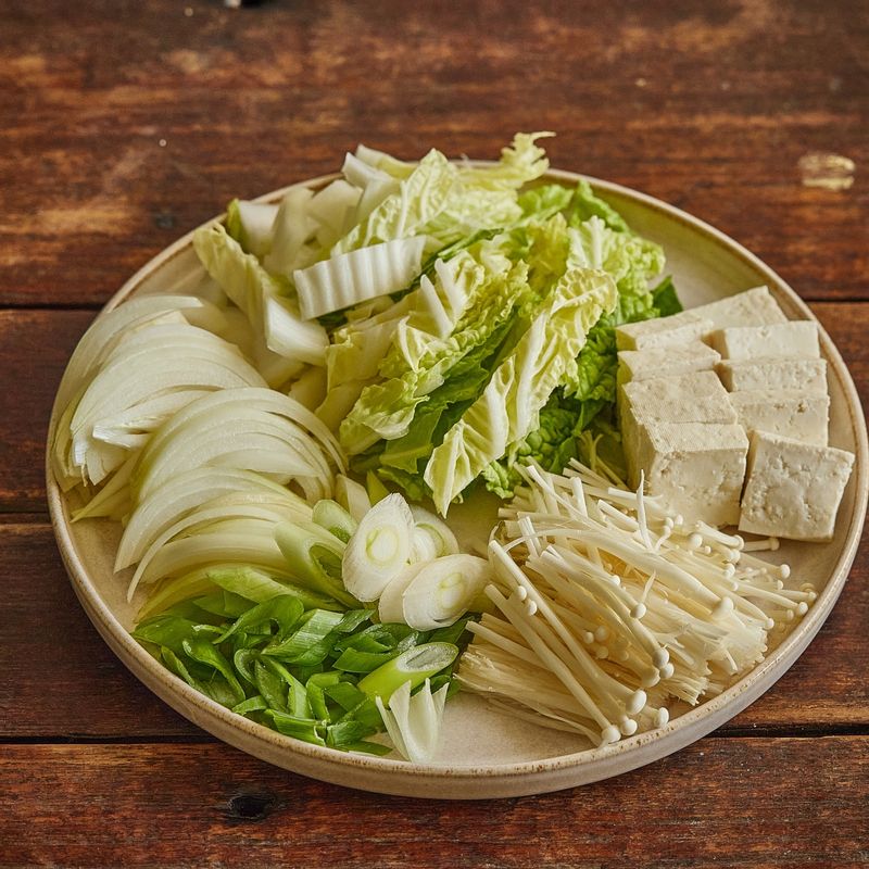 배추와 두부는 먹기 좋은 크기로 잘라주세요. 양파는 채썰고 대파는 어슷 썰어주세요. 팽이버섯은 밑동을 자르고, 가닥가닥 뜯어 주세요.