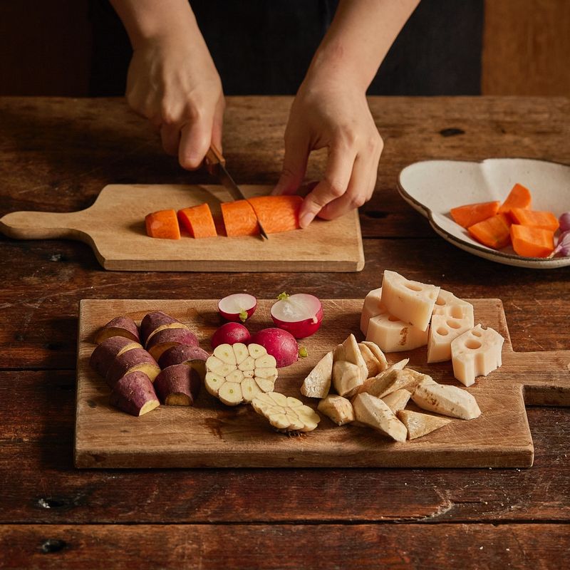 당근, 우엉, 연근은 껍질을 벗기고, 한입 크기로 썰고 고구마는 껍질채 썰어주세요. 통마늘과 레디시는 샬롯은 반으로 썰어주세요.