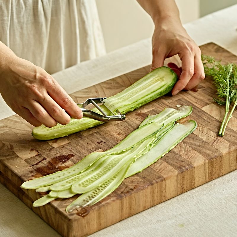 오이는 채칼로 길게 슬라이스 해주세요.