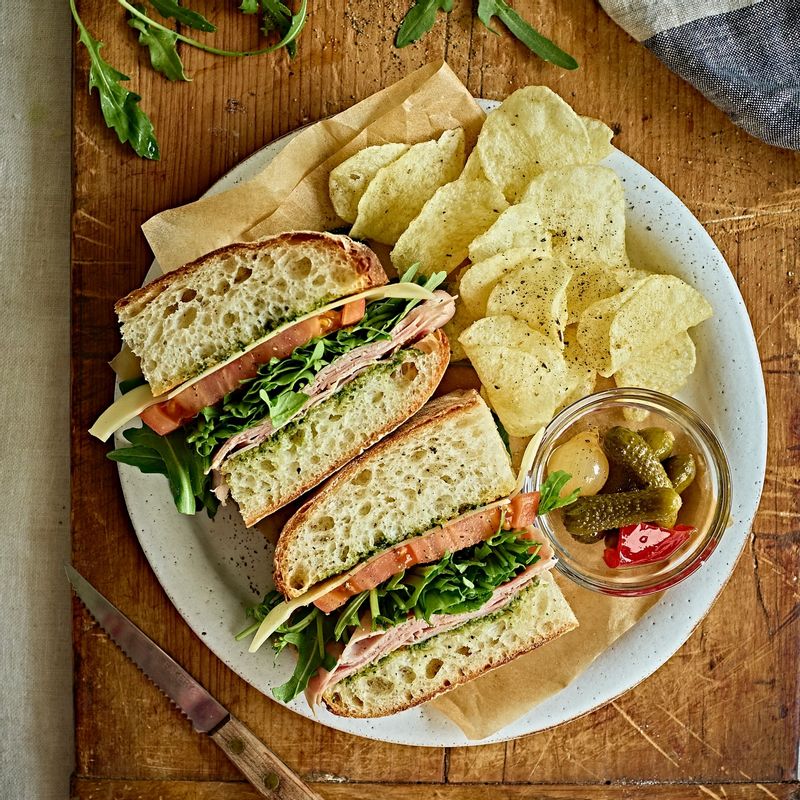 슬랩, 빵, 샌드위치, 도시락, 피크닉, 점심, 다이어트, 잠봉, 루꼴라