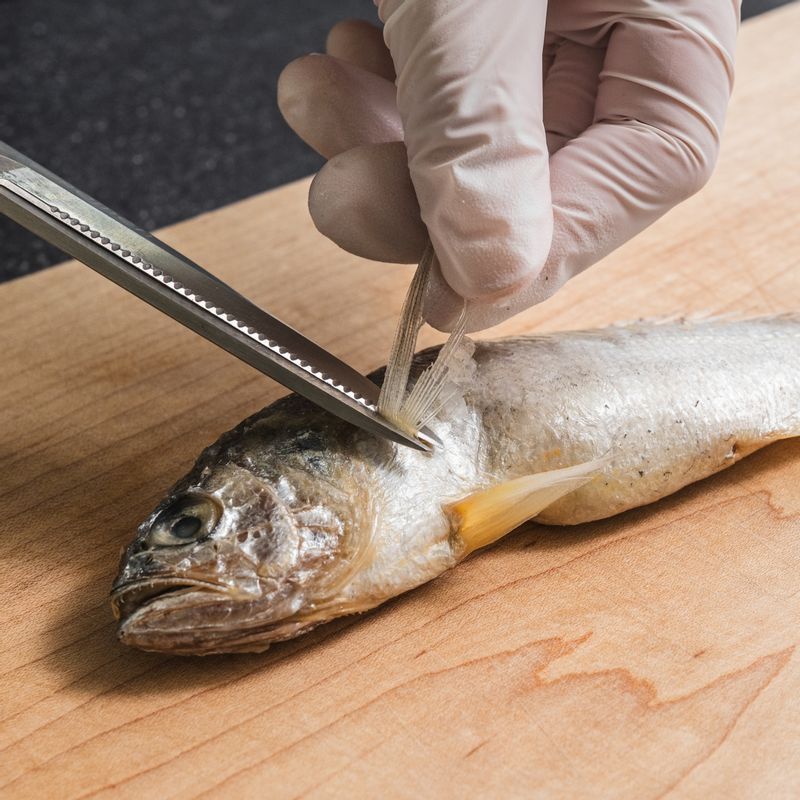 굴비는 비늘을 벗기고 가위로 꼬리와 배, 등쪽의 지느러미를 제거해주세요. 깨끗이 씻은 후 키친타월로 물기를 제거해주세요. 굴비에 칼집을 내주세요.