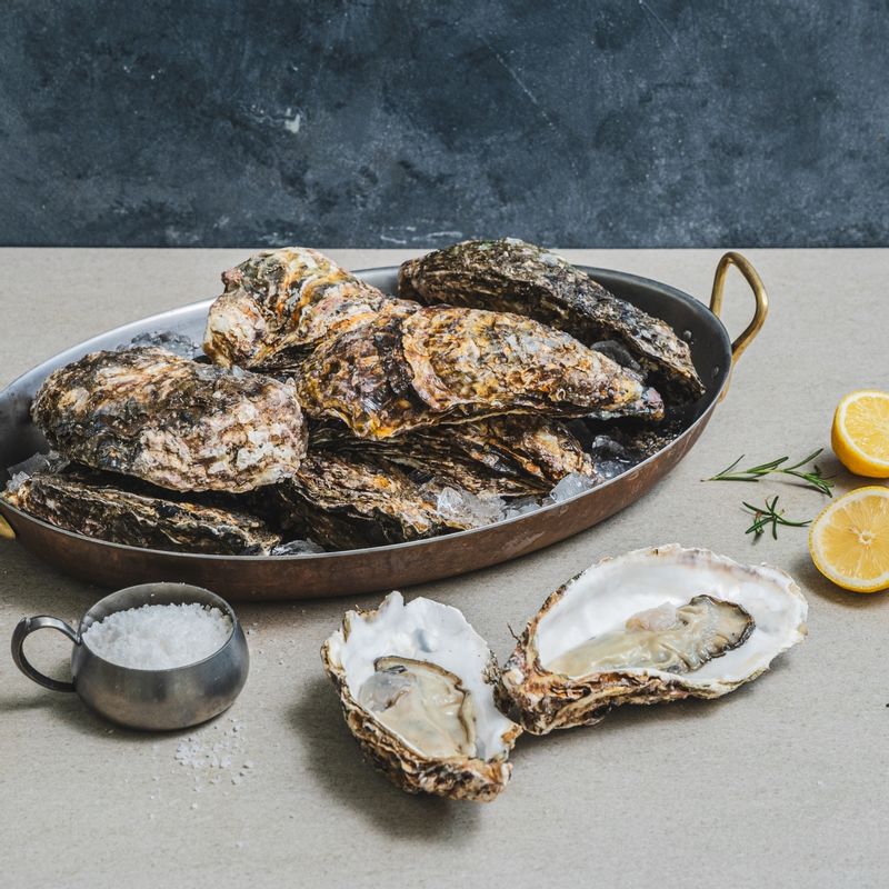 삼배체굴 감바스 을 위한 재료 이미지로 삼배체굴,올리브오일,마늘,페퍼론치노,로즈마리 등으로 구성 되어있습니다.