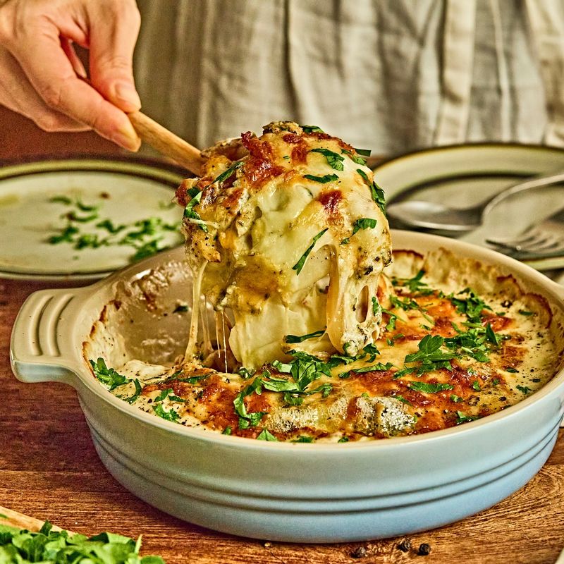 감자, 치즈, 그라탕, 베이컨, 생크림, 양파볶음, 로즈마리, 오븐요리, 홈파티, 풍미, 고소함, 따뜻한요리