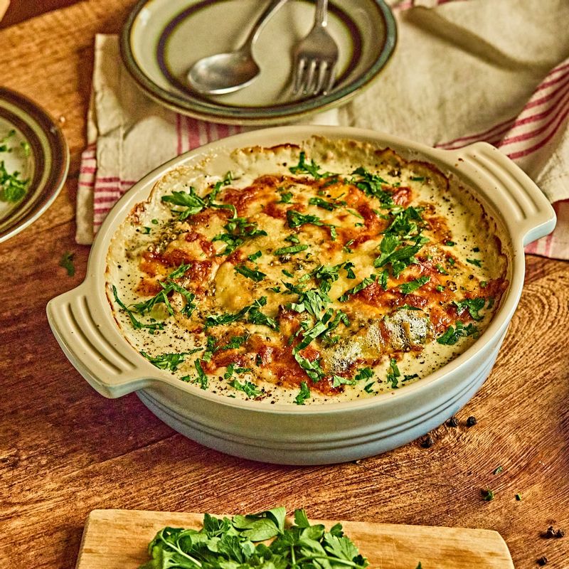 완성된 그라탕에 다진 파슬리를 뿌려 맛있게 즐겨주세요.