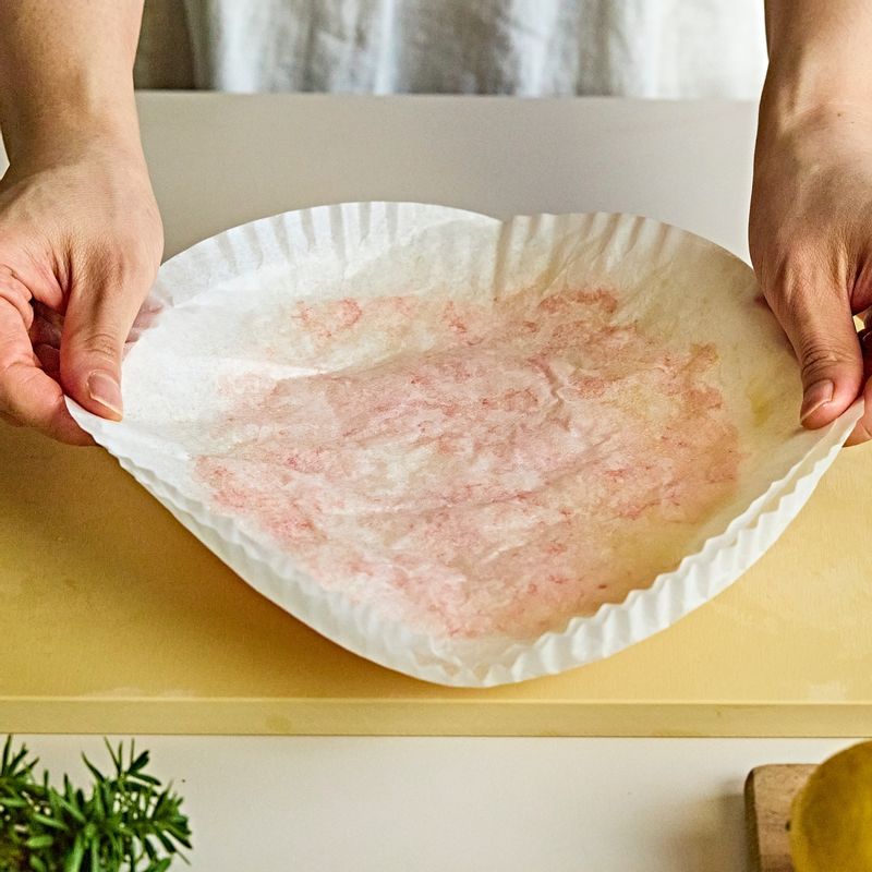 냉장고에서 10분 정도 두었다가 유산지를 제거하고 접시에 얇게 민 새우를 올리고, 올리브오일, 소금, 백후추를 뿌려주세요.