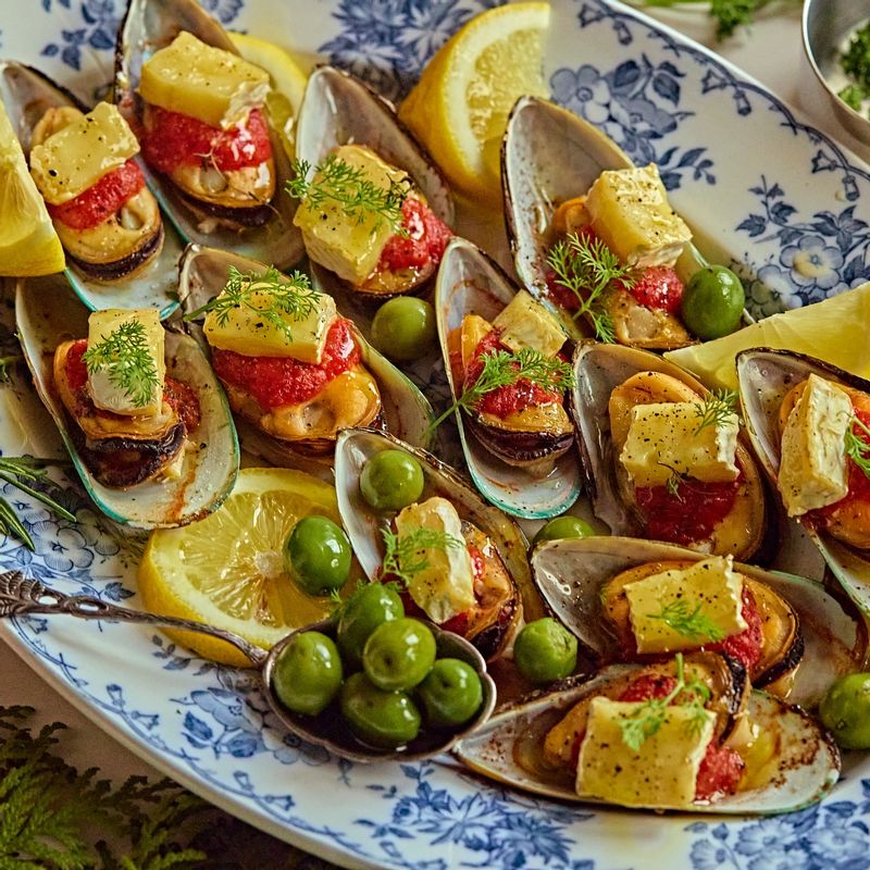 완성된 홍합을 접시에 담고 다진 파슬리를 뿌려주세요. 장식재료를 활용해 크리스마스 분위기로 꾸며주세요.