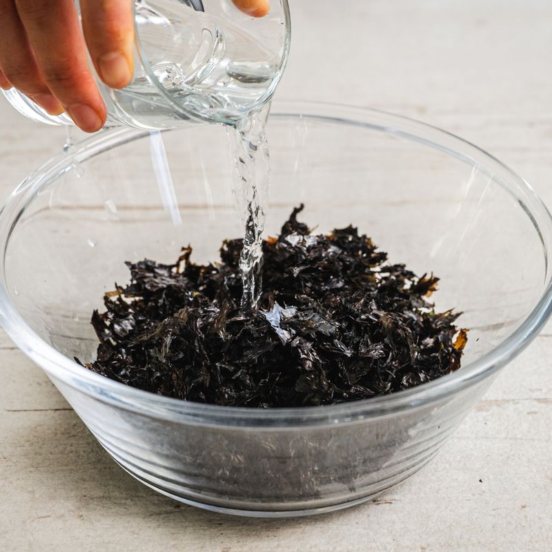 볼에 건파래를 담고 물을 1/3컵 정도 부어 촉촉하게 만들어주세요.