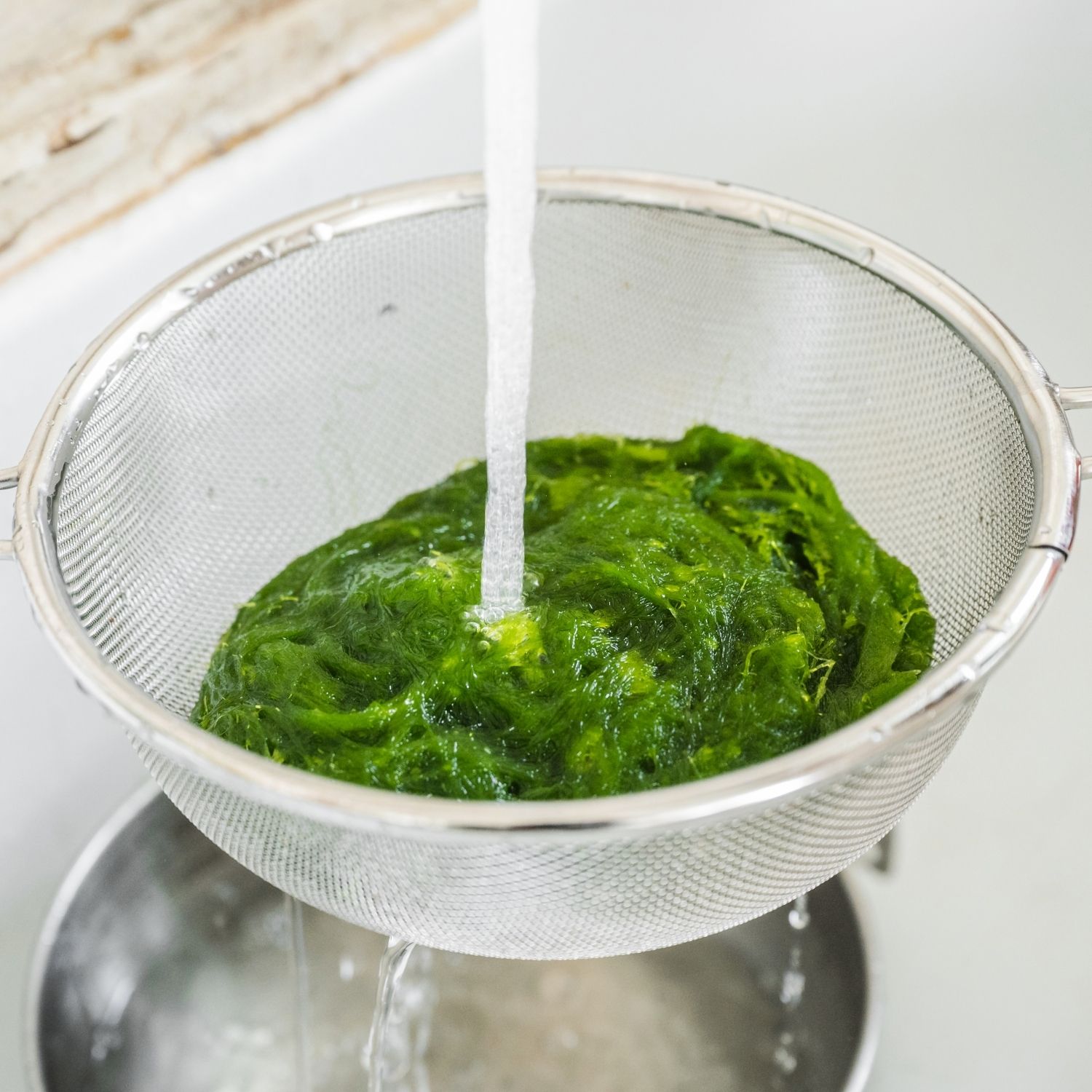 감태는 흐르는 물에 여러 번 살살 헹궈 이물질을 제거한 뒤 체에 밭쳐 물기를 빼주세요.