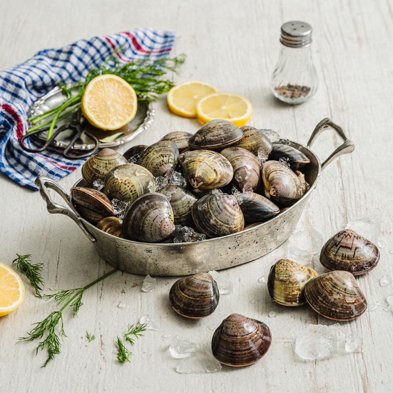 참백합 맑은탕을 위한 재료 이미지로 참백합,물,무,대파,청홍고추 등으로 구성 되어있습니다.