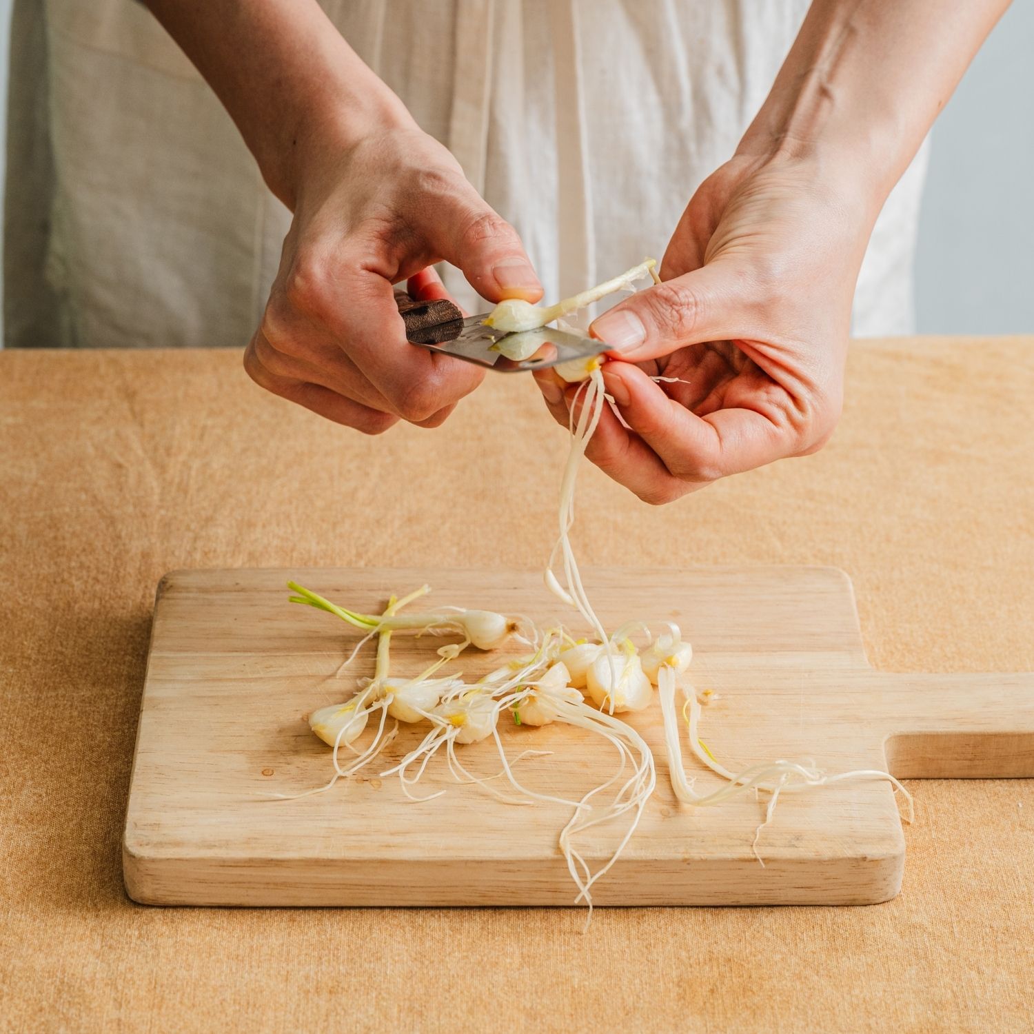 은달래는 뿌리 쪽을 중심으로 여러 번 헹궈 깨끗이 씻어주세요. 물기를 빼고 큰 은달래만 반으로 잘라주세요.