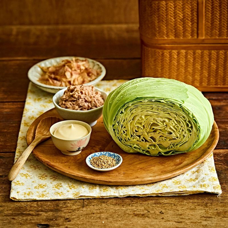 양배추 참치마요 샐러드을 위한 재료 이미지로 양배추 작은 것,참치캔,가쓰오부시 등으로 구성 되어있습니다.