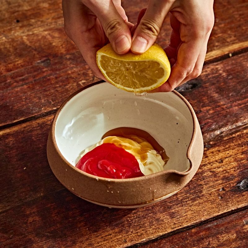 볼에 마요네즈, 케첩, 꿀, 레몬즙을 넣고 잘 섞어 새우마요 소스를 만들어주세요.