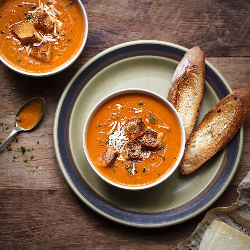 그릇에 수프를 담아 다진 파슬리를 뿌리고, 취향에 따라 파르메산 치즈와 노릇하게 구운 빵을 함께 곁들여 즐겨주세요.