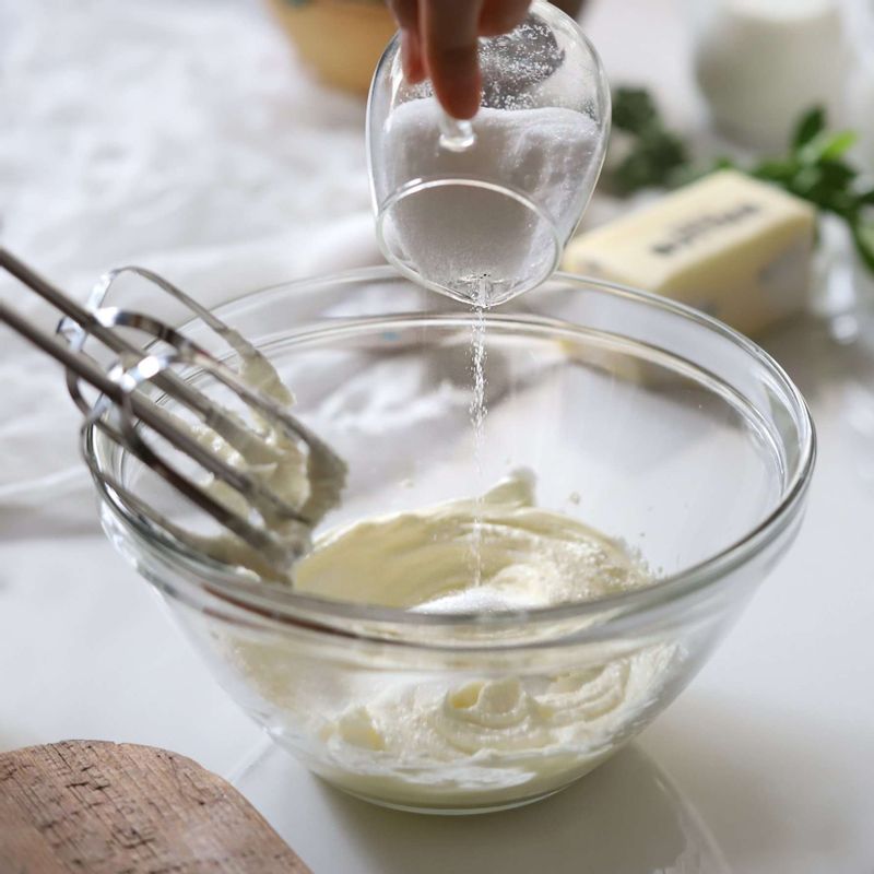 볼에 버터를 넣어 부드러운 상태가 되도록 핸드믹서로 1분 정도 풀고, 설탕과 소금을 2~3번에 나누어 넣으며 휘핑해주세요.
(tip. 핸드믹서 세기는 낮은 단계에서 반죽이 아이보리색이 될 때까지 휘핑해주세요.)