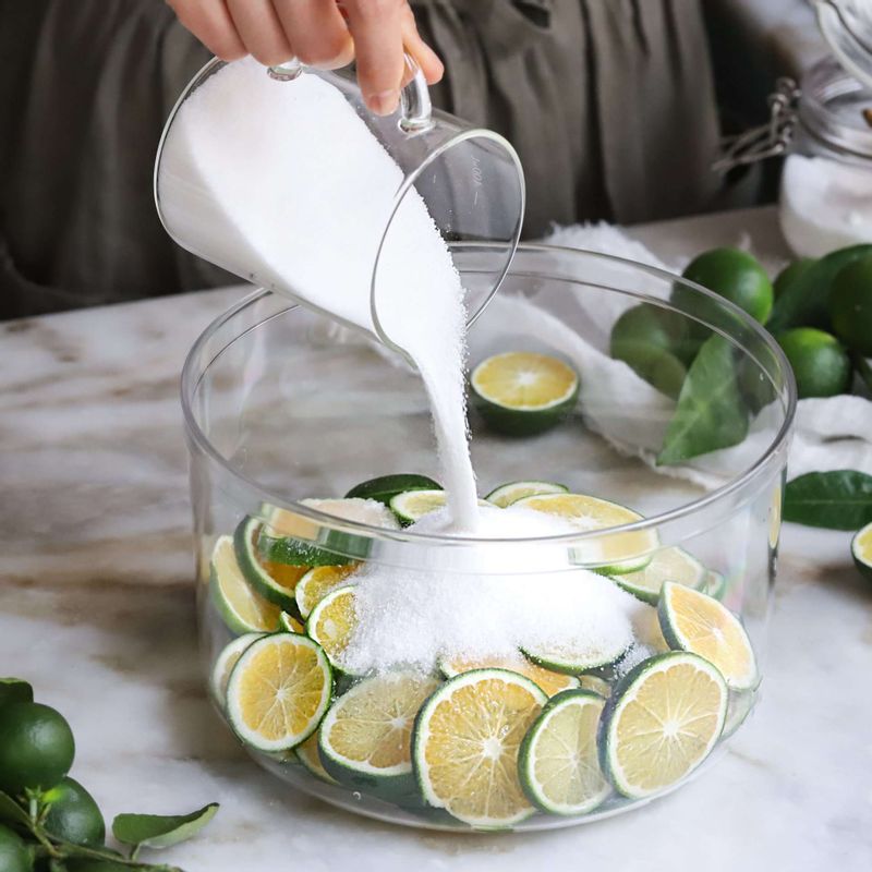 볼에 슬라이스 한 청귤과 설탕을 섞고, 설탕이 녹을 때까지 하루 정도 실온에 두고 위아래로 골고루 섞어주세요.