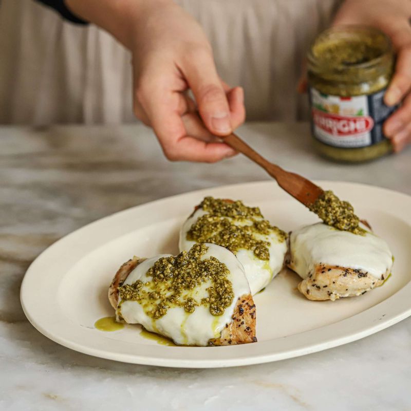 완성 접시에 닭가슴살을 얹고 바질페스토를 1/2큰술씩 발라주세요.