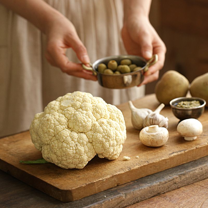 콜리플라워스테이크을 위한 재료 이미지로 콜리플라워,양송이 버섯,그린올리브,메이플 시럽 등으로 구성 되어있습니다.