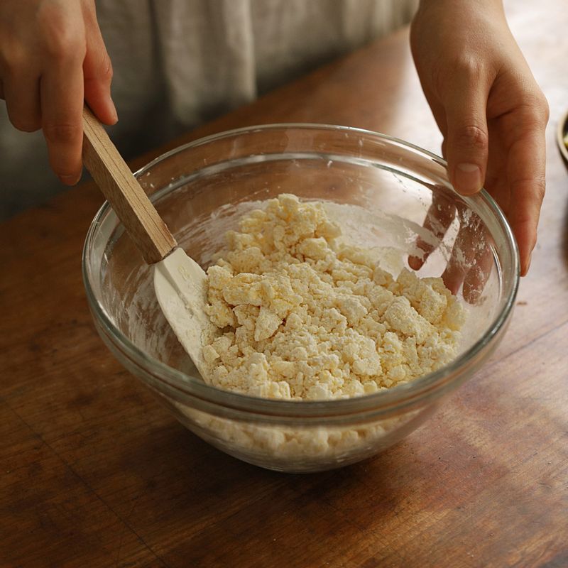 볼에 타피오카 전분과 찹쌀가루, 강력분, 소금을 넣어 가볍게 섞은 후 우유, 물엿, 달걀을 섞어 넣어주세요.