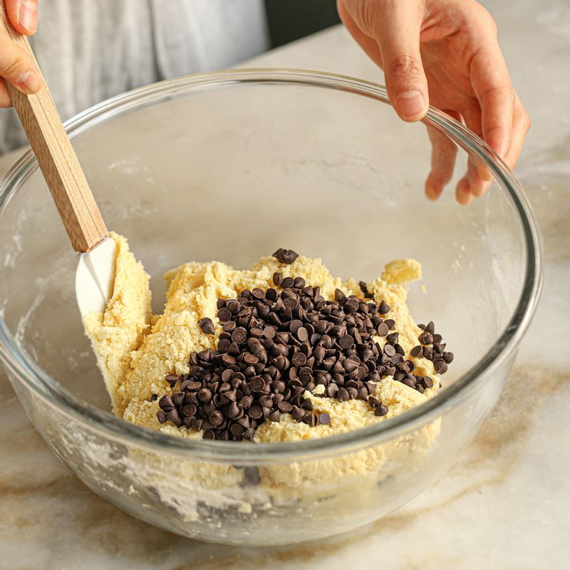 반죽이 어느 정도 섞이면 다크 초코칩을 넣고 가볍게 섞어주세요.