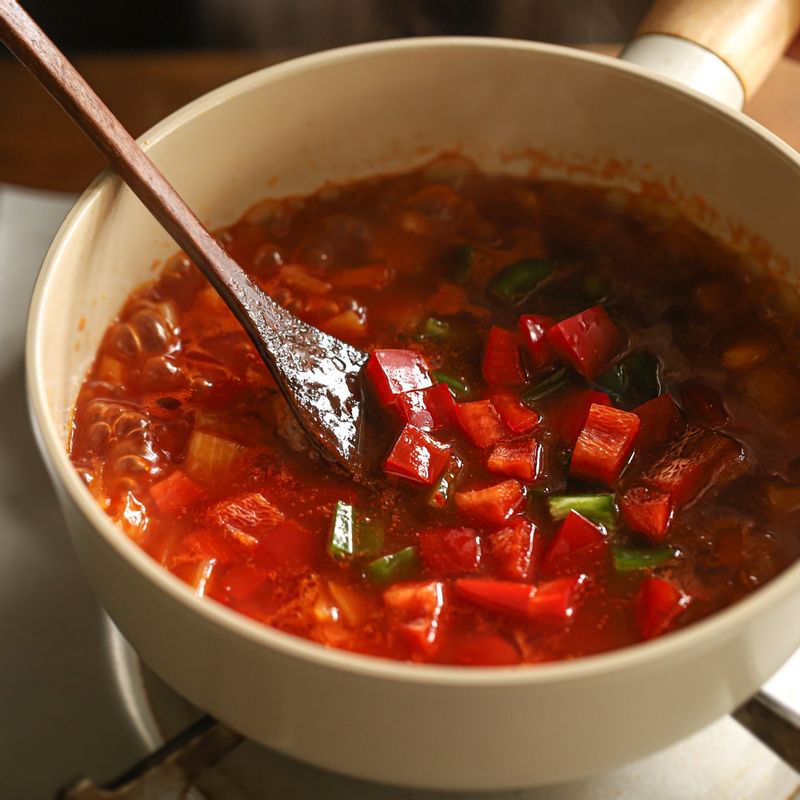 소스가 끓으면 청피망, 파프리카를 넣어 섞어주세요. 녹말물을 넣어 걸쭉한 농도가 되면 불을 꺼주세요.