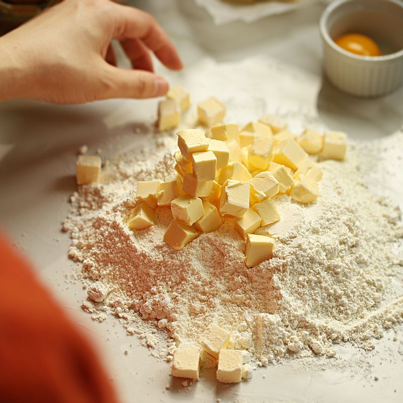 박력분, 아몬드 가루, 슈가 파우더를  주걱으로 섞어 주세요. 섞어둔 가루에 잘게 자른 버터와 차가운 계란노른자를 넣고 주걱으로 잘게 자르듯이 섞어주세요.