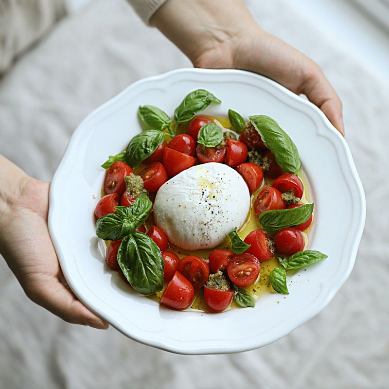 접시에 버무려 둔 방울토마토와 바질잎을 담고, 가운데 부라타 치즈를 올린 후 바질페스토를 곁들여 맛있게 즐겨 주세요.