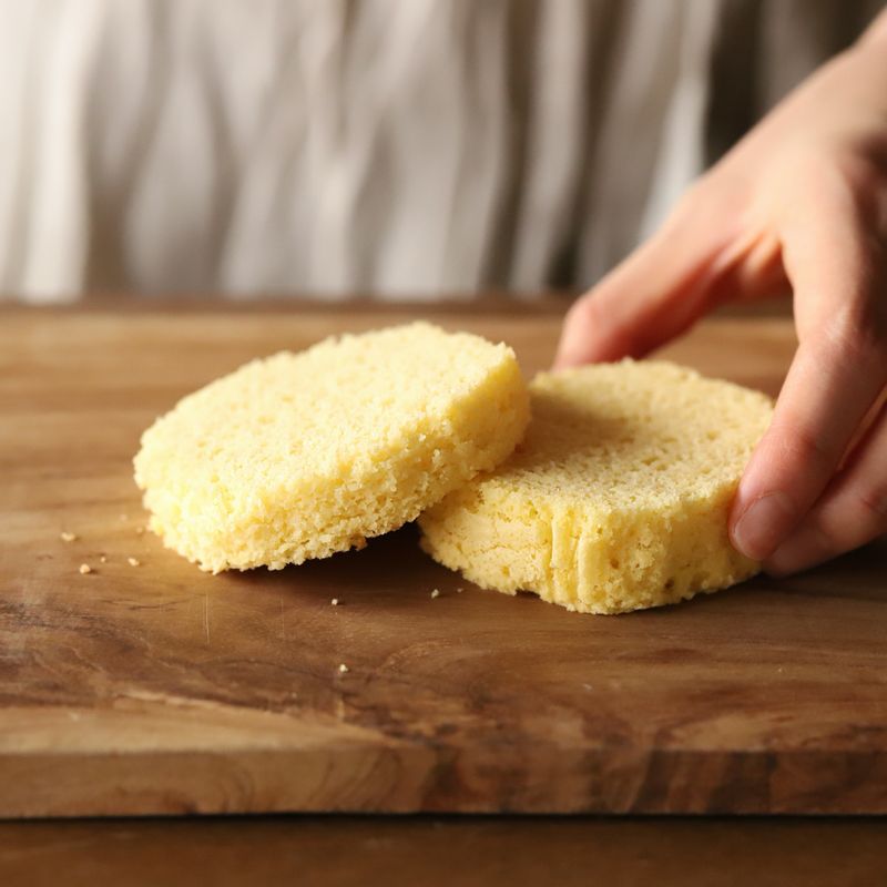 카스테라를 용기에 맞는 크기로 잘라 용기 바닥에 깔아주세요. 딸기 시럽을 카스테라 위에 바르고 딸기의 단면이 보이도록 넣어주세요.