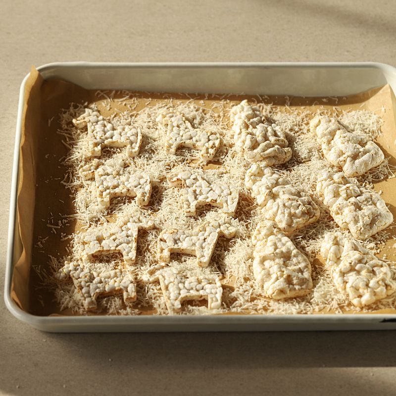 오븐팬에 종이호일을 깔고 파마산치즈를 갈아서 뿌려주세요.