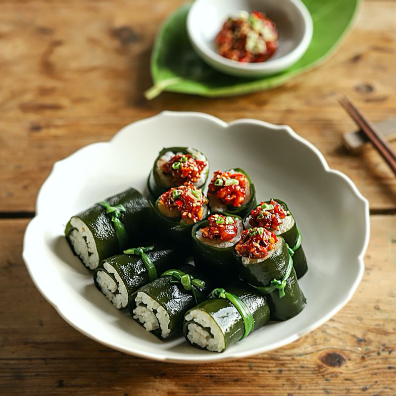 다시마 쌈밥 위에 낙지 젓갈을 먹기 좋게 올리고 송송 썬 실파와 통깨를 뿌려 맛있게 즐겨주세요.